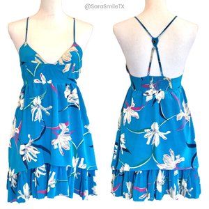 YUMI KIM Designer Silk Blue Floral Open Back  Pleated Mini Summer Dress